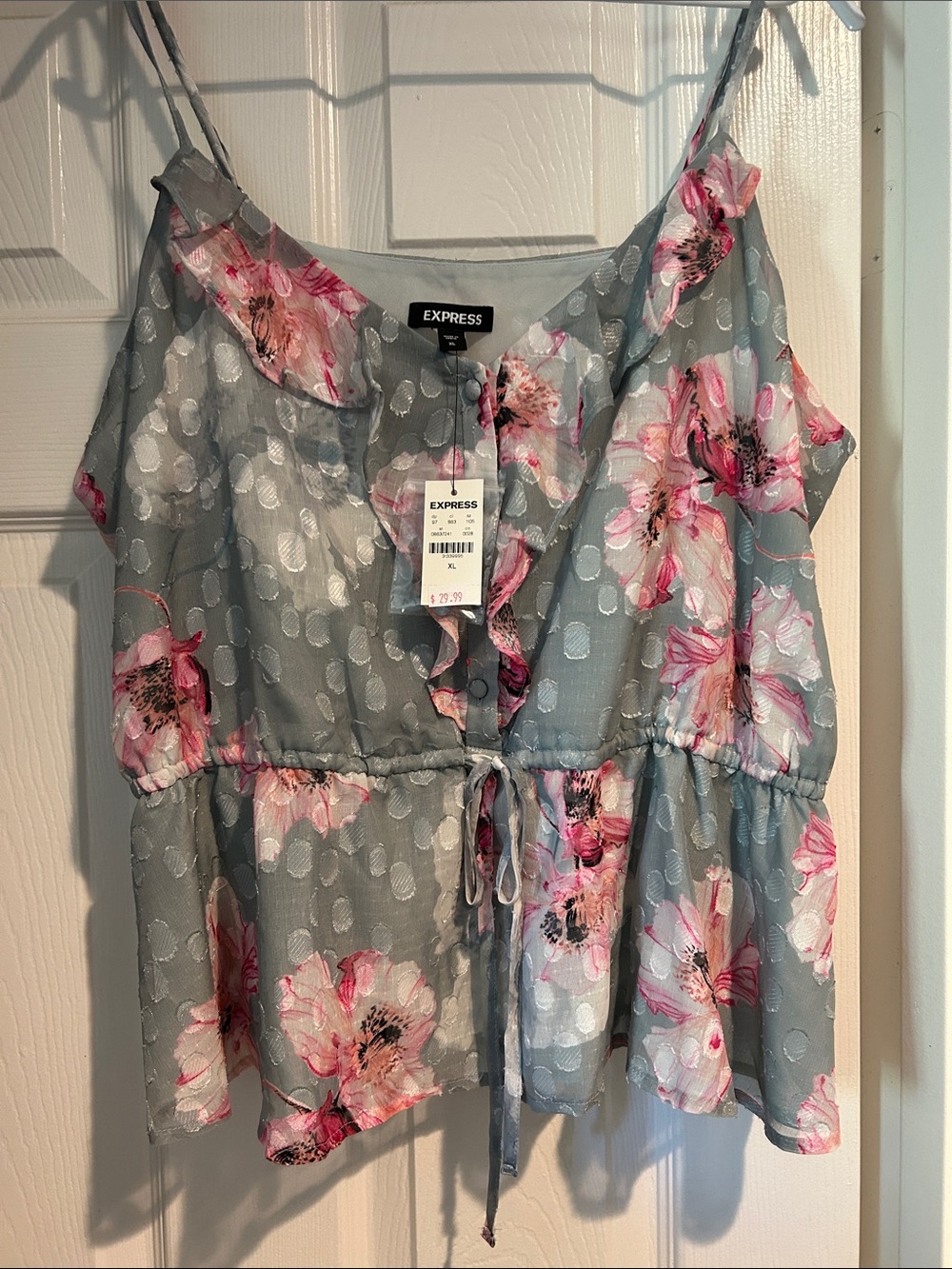 Express Gray Floral Ruffle Tie-Front Cami